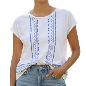 Talbots Embroidered Boho Blouse Top White Blue Cotton Short Sleeve Women’s S